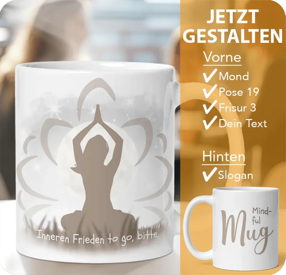 Kaffeetasse mit Silhouette einer meditierenden Frau personalisierbar mit Text und Slogan