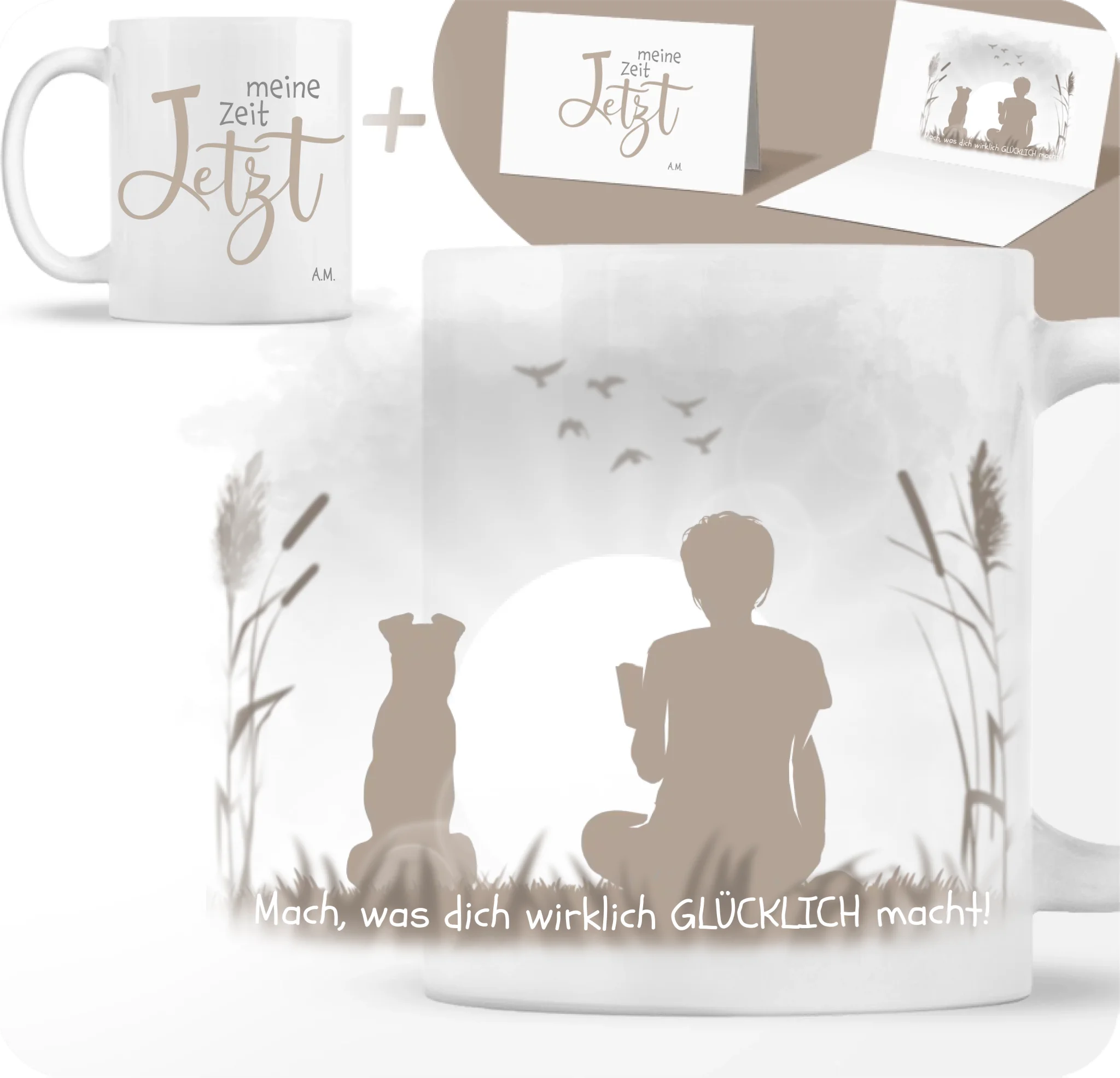Meine Zeit Jetzt“ – Personalisierte Tasse mit Silhouette, Haustieren und Grußkarte – Geschenkideen für Frauen