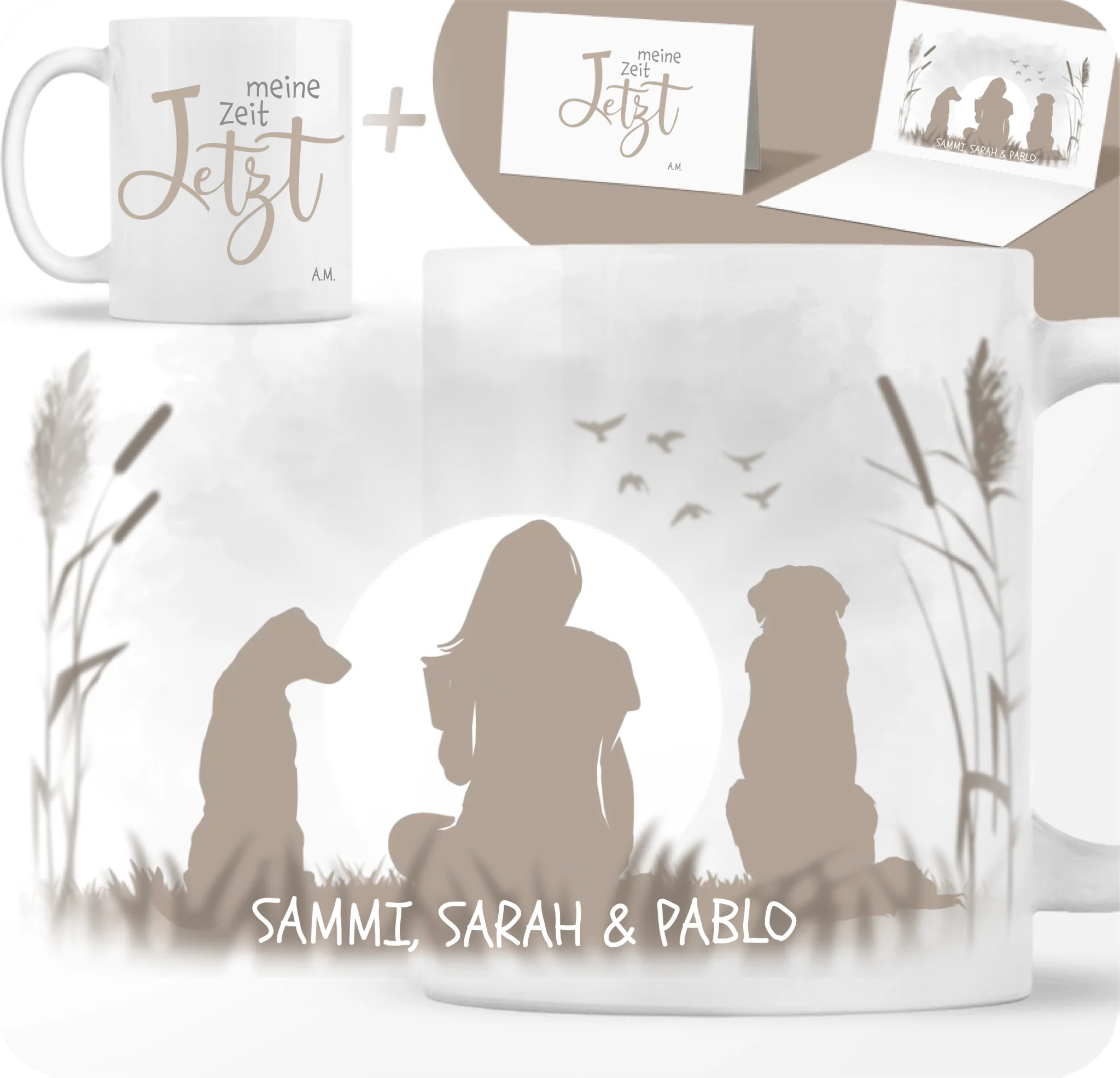 Meine Zeit Jetzt“ – Personalisierte Tasse mit Silhouette, Haustieren und Grußkarte – Geschenkideen für Frauen