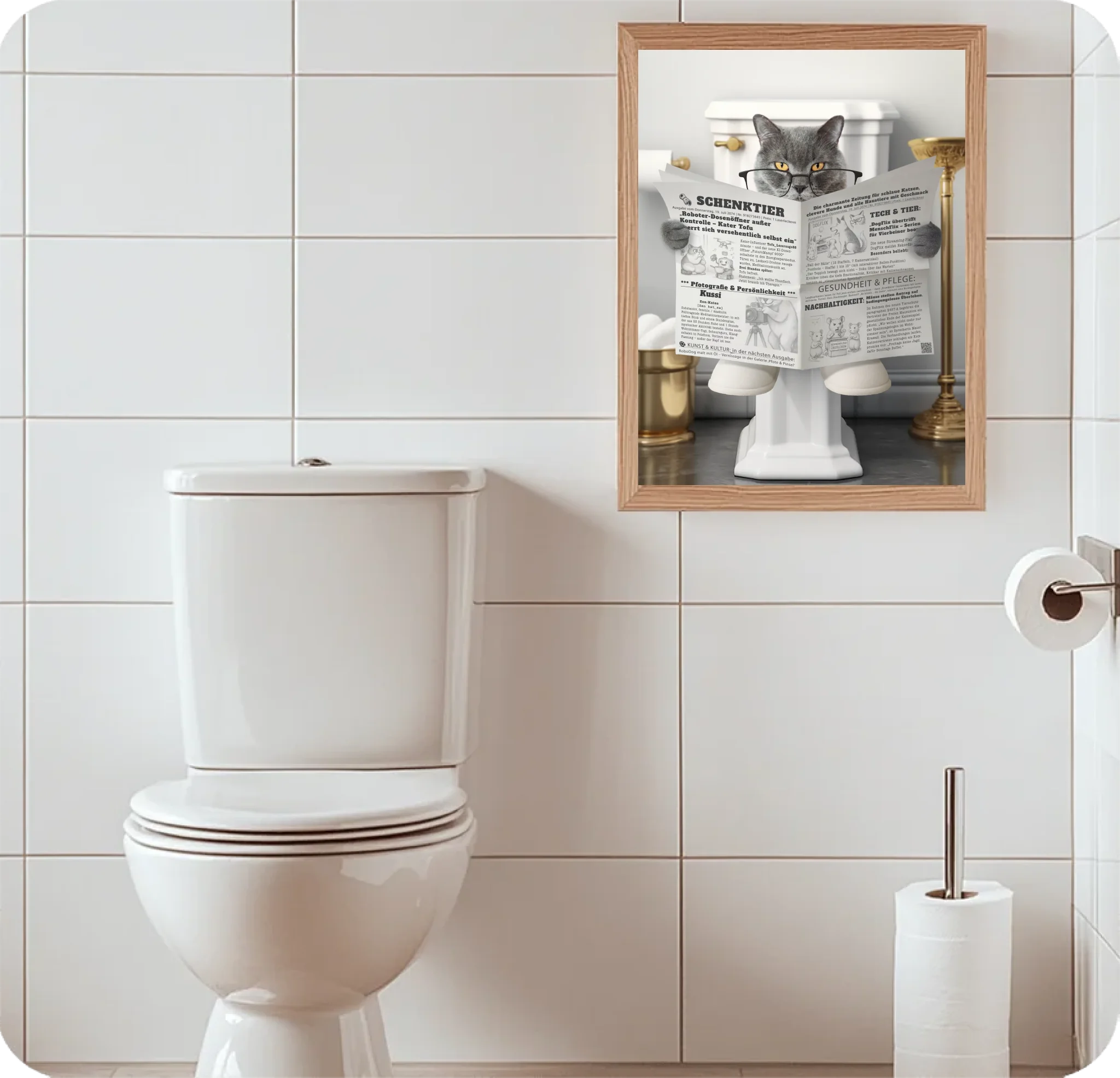 WC Raum mit dem Poster Katze mit Zeitung Nummer 8 für 30x40 Cm Poster
