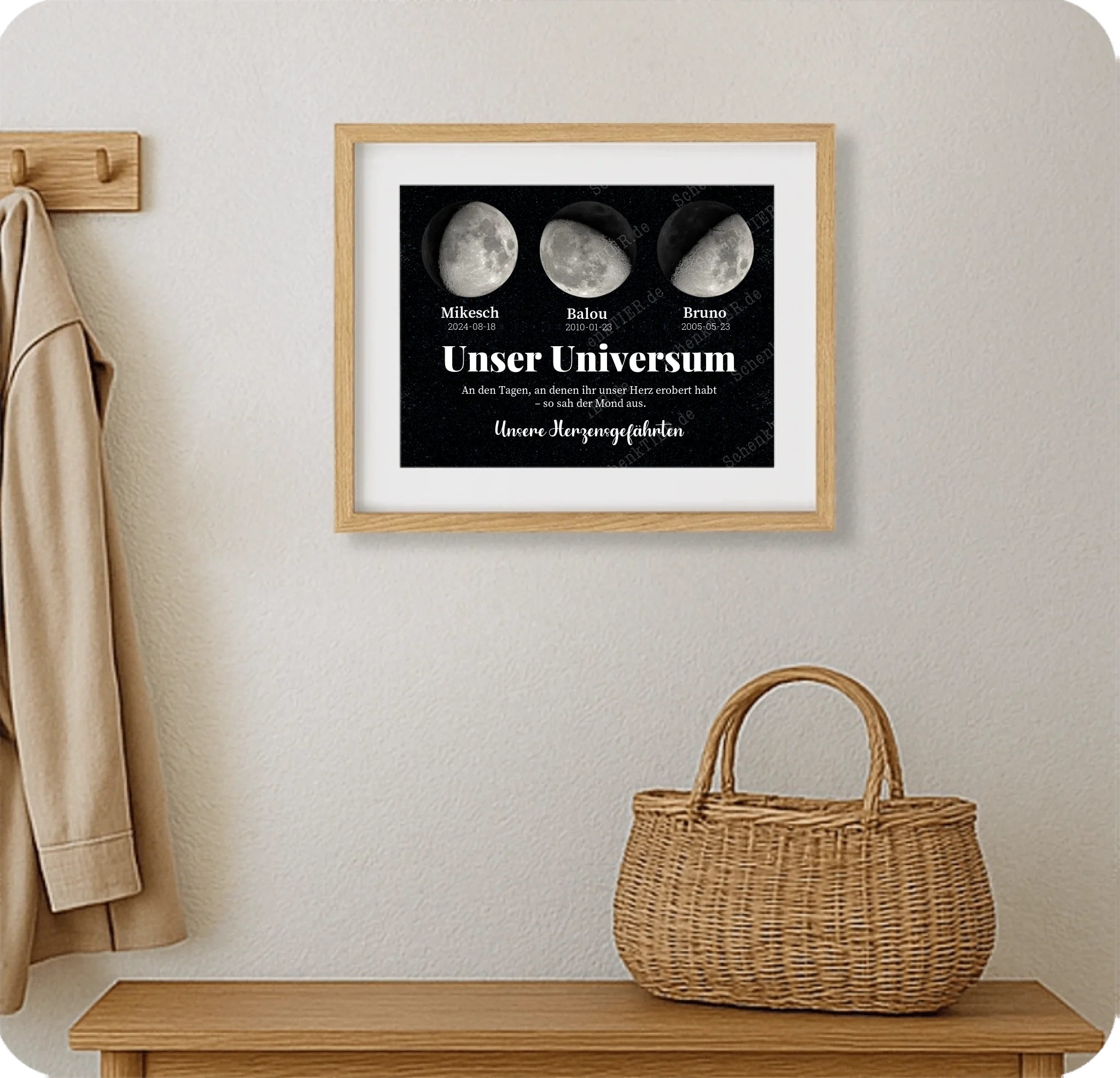 Poster 40 mal 30 cm im Holzraahmen im Flur an der Wand