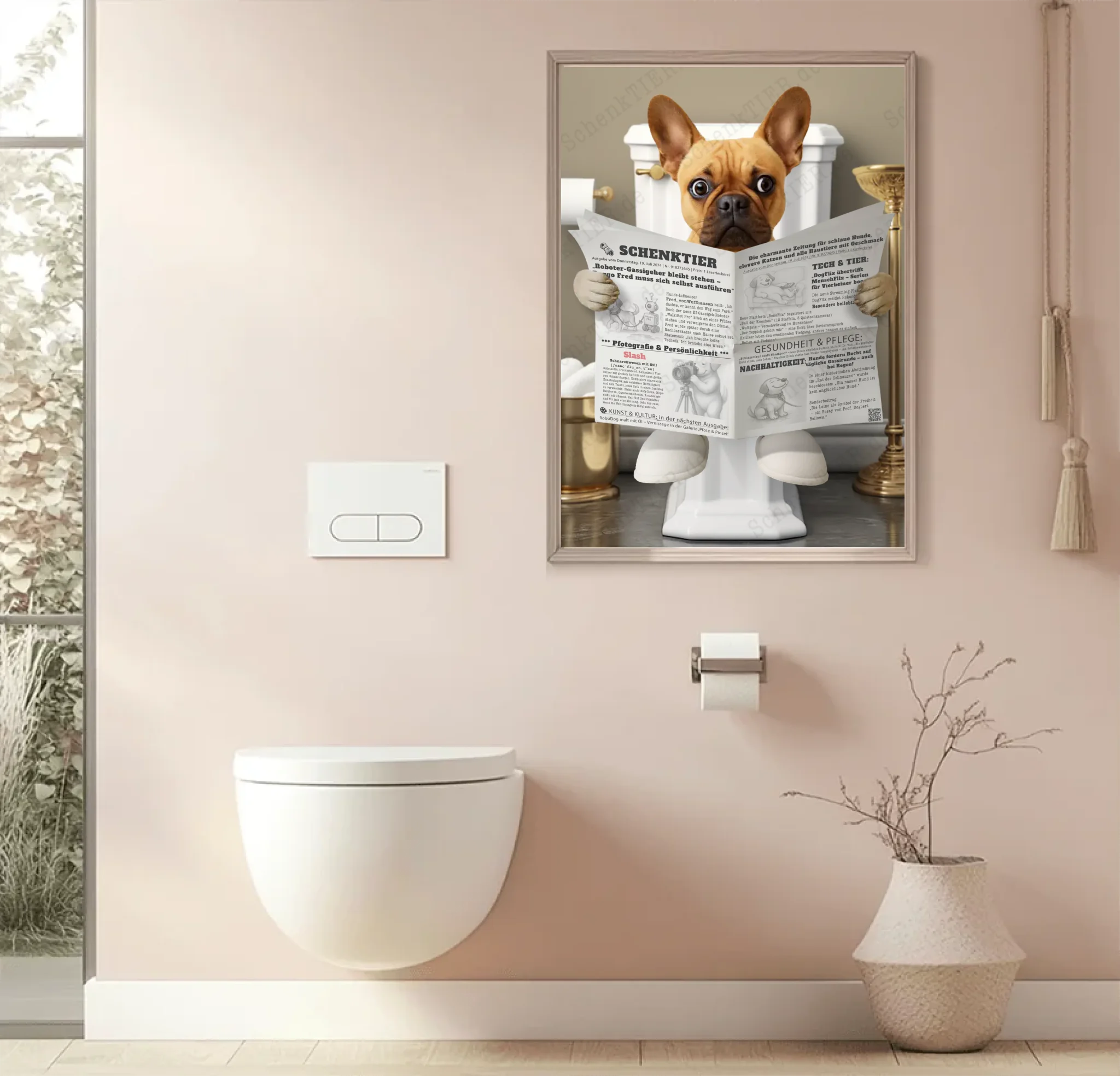 WC Raum mit dem eingerahmten Poster Katze mit Zeitung von SChenkTIER