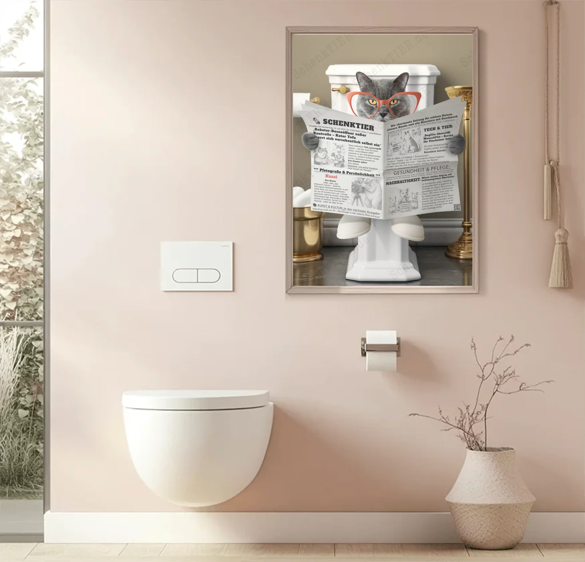 WC Raum mit dem eingerahmten Poster Katze mit Zeitung von SChenkTIER