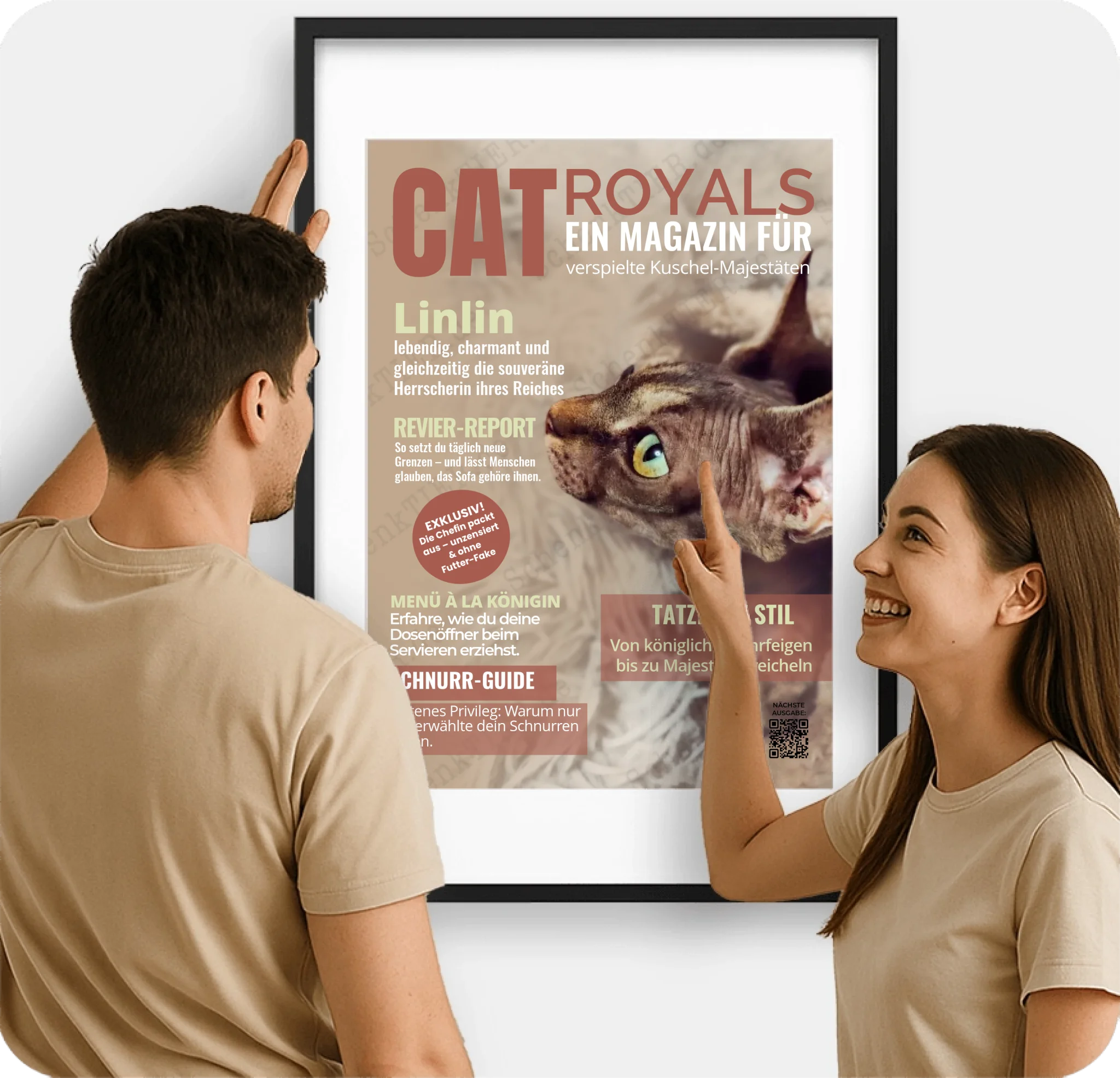 Gerahmter Poster vor dem Junge Frau und ein Mann stehen