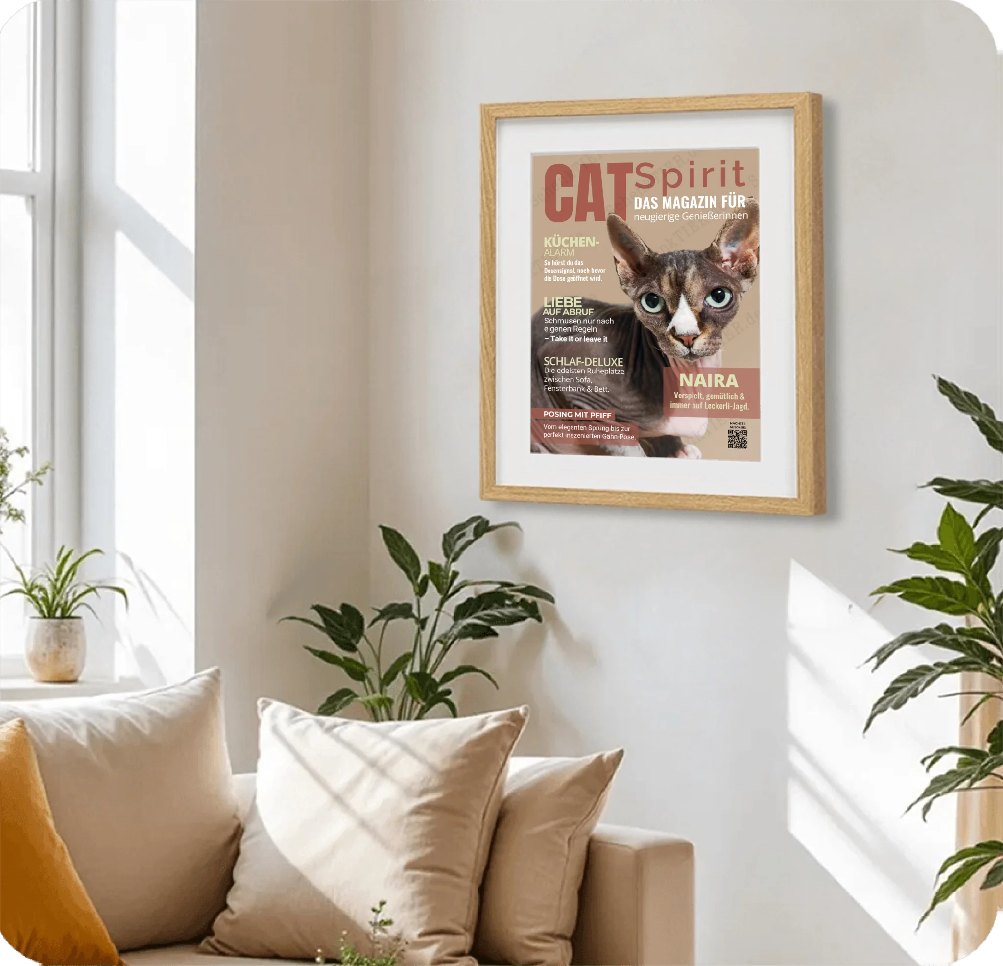 Poster 30 mal 40 cm im Holzraahmen im Wohnzimmer