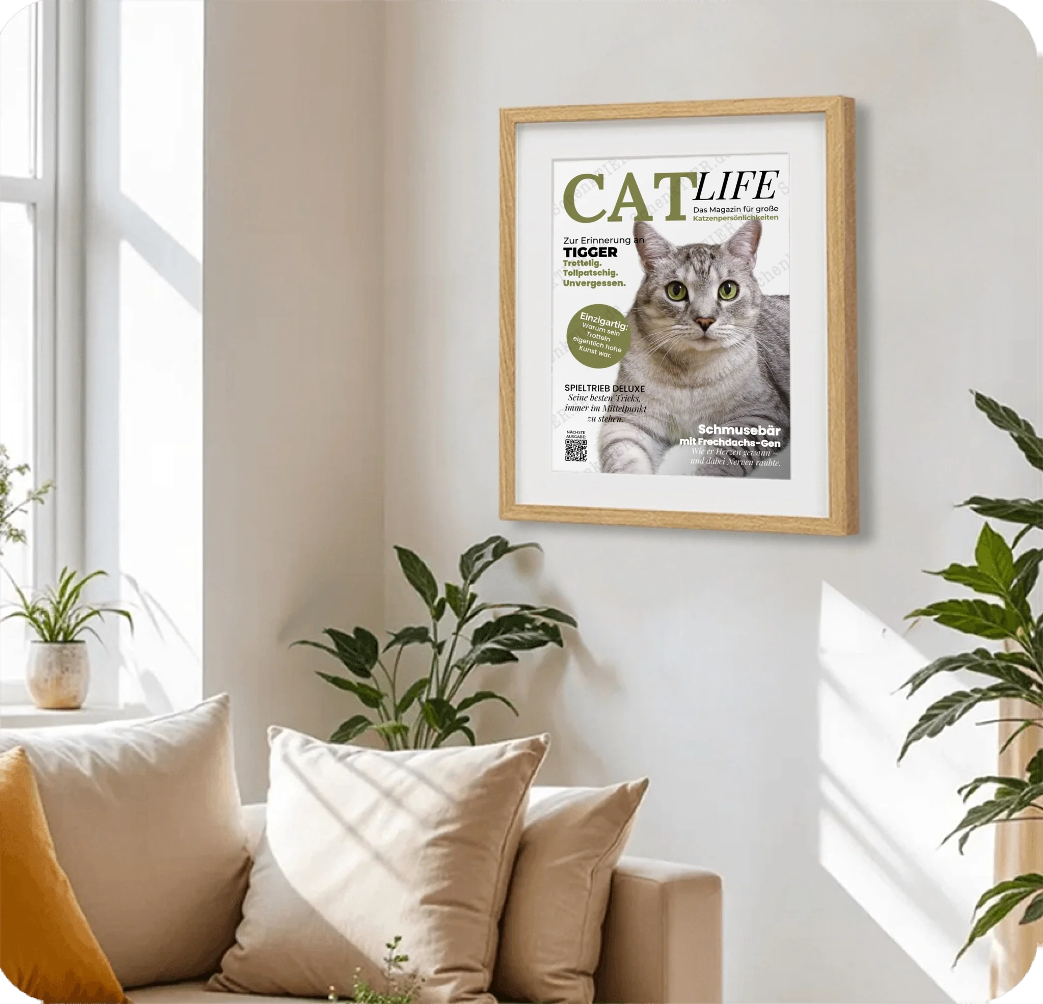 Poster 30 mal 40 cm im Holzraahmen im Wohnzimmer