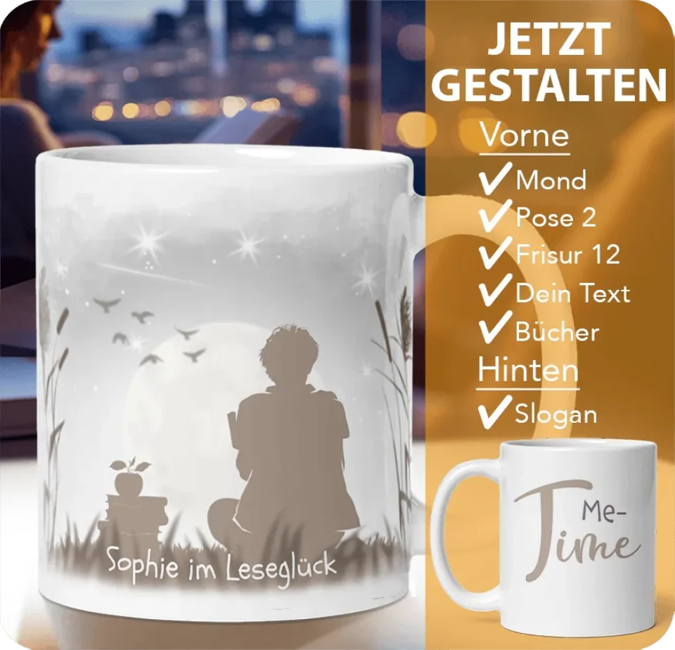 Tasse mit Silhouette lesender Person personalisierbar mit Text Initialen Bücher und Slogan ideales Geschenk für entspannte Lesemomente