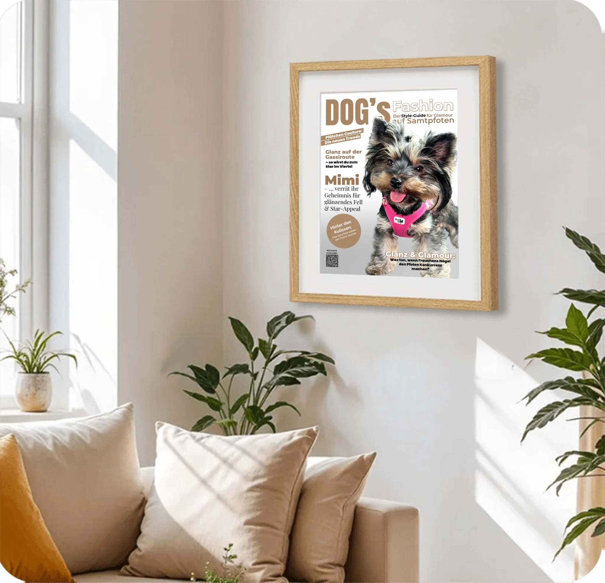Poster 30 mal 40 cm im Holzraahmen im Wohnzimmer