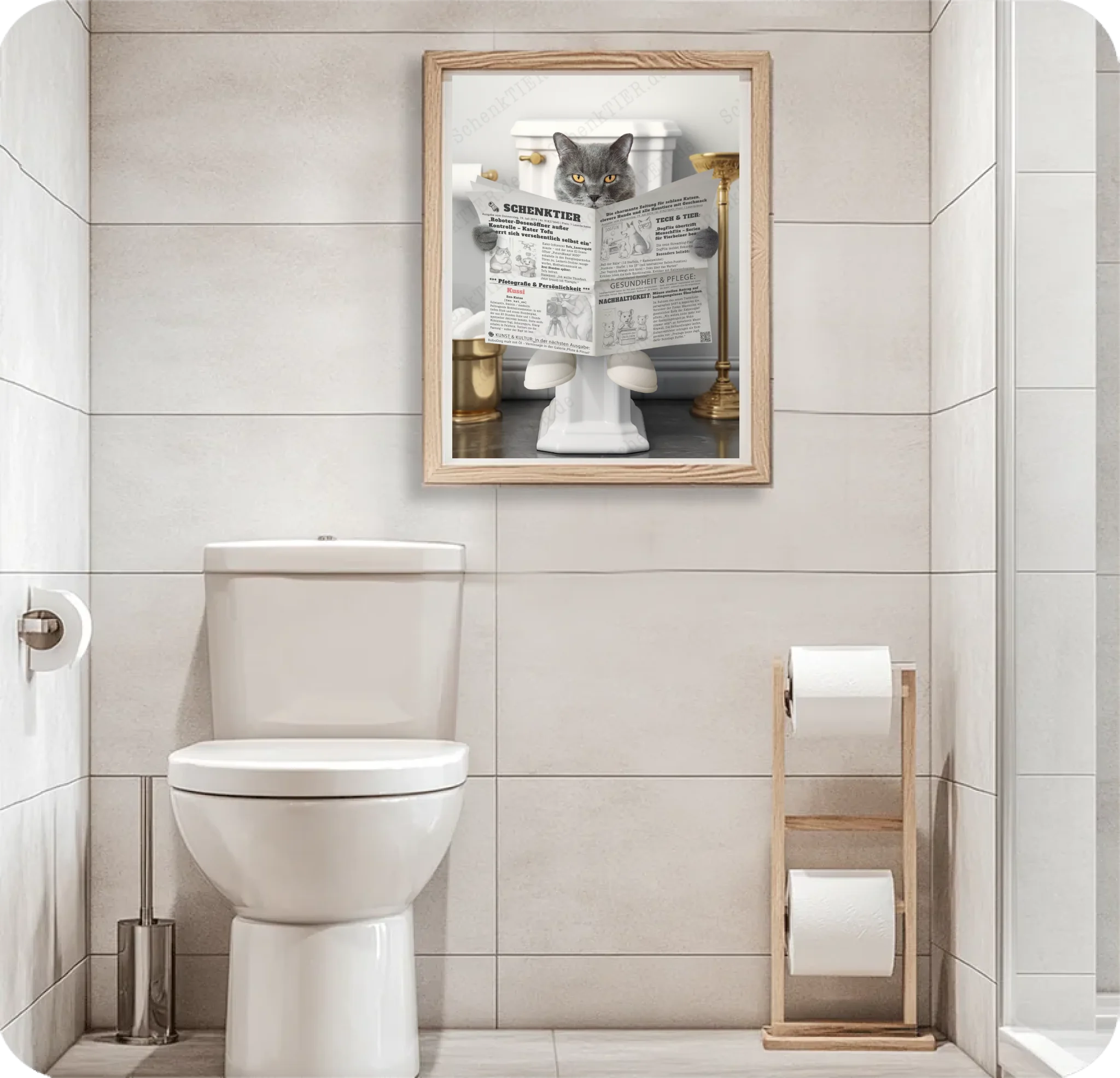 WC Raum mit dem Poster Katze mit Zeitung Nummer 7 für 30x40 Cm Poster