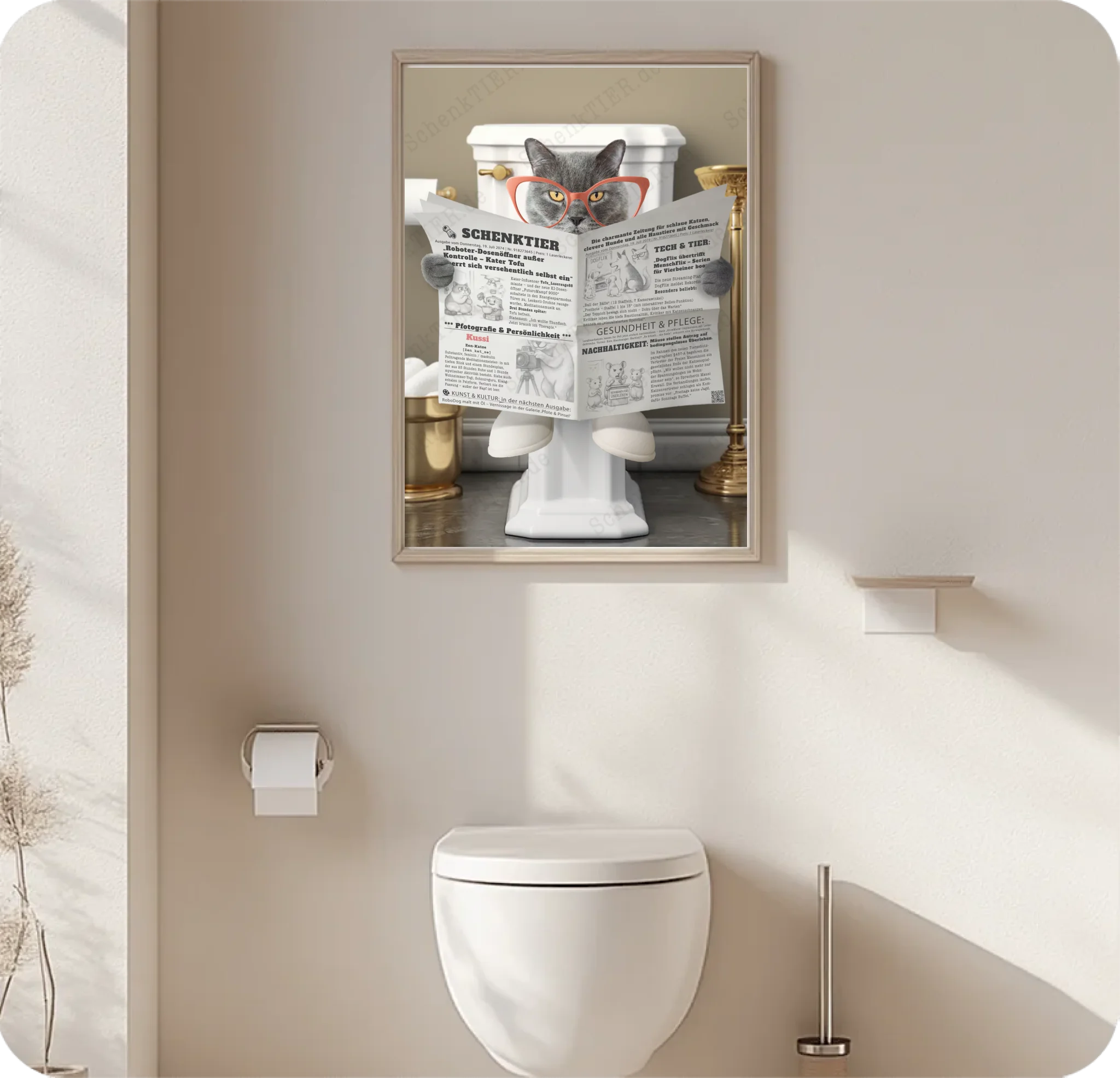 WC Raum mit dem Poster Katze mit Zeitung 2