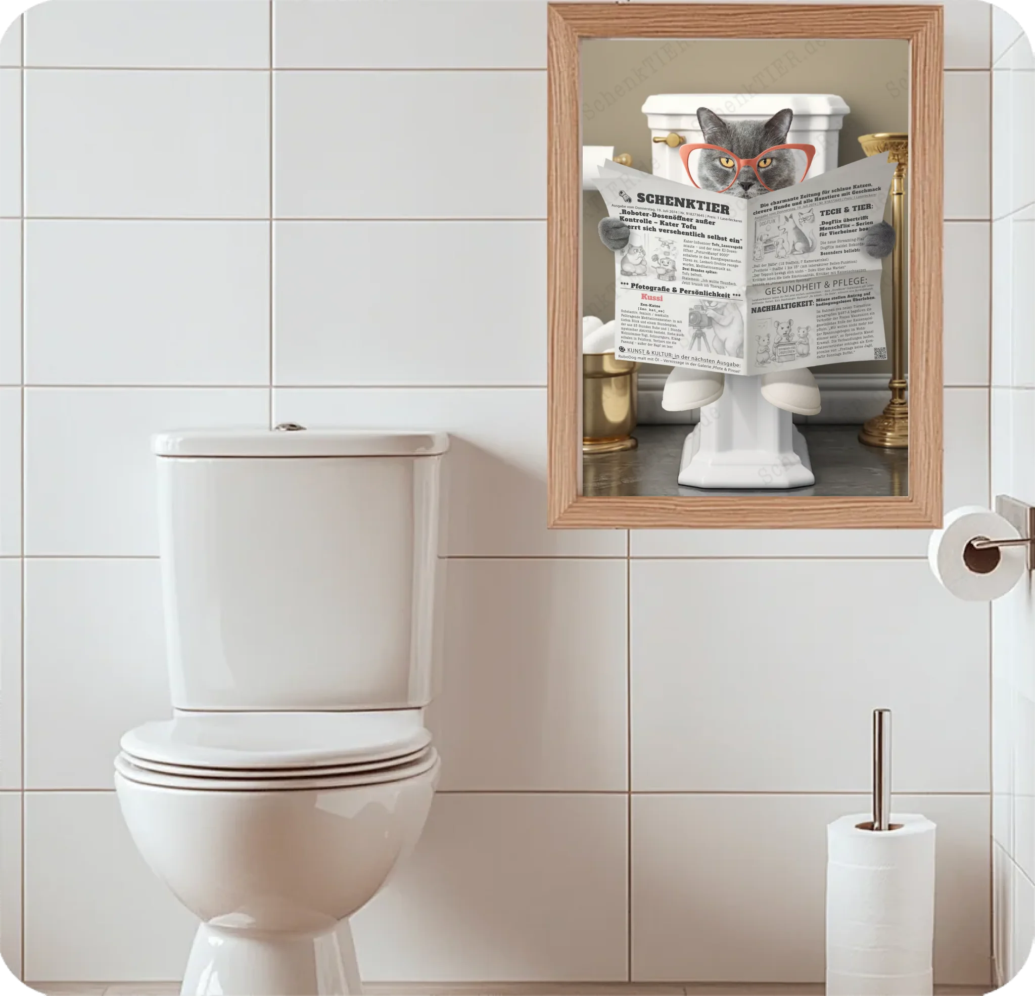 WC Raum mit dem Poster Katze mit Zeitung Nummer 8 für 30x40 Cm Poster