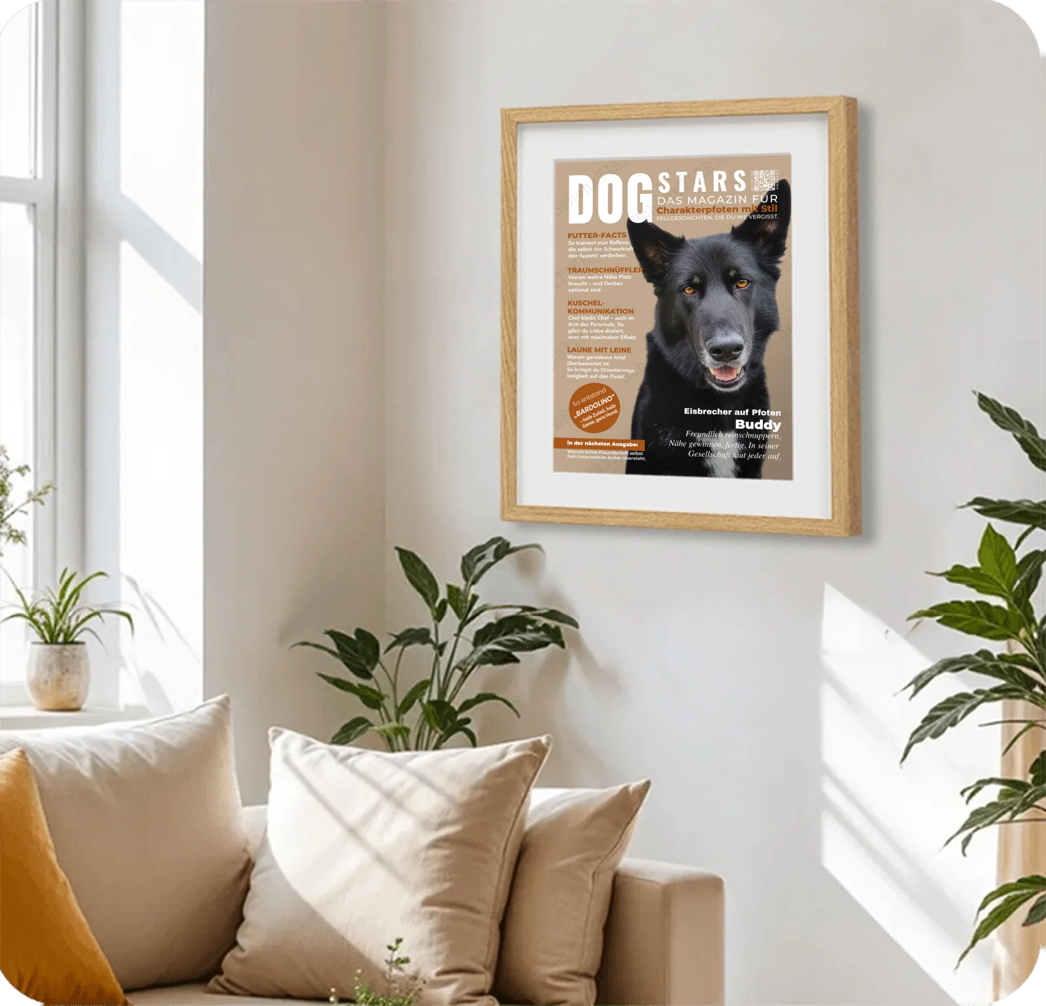 Poster 30 mal 40 cm im Holzraahmen im Wohnzimmer