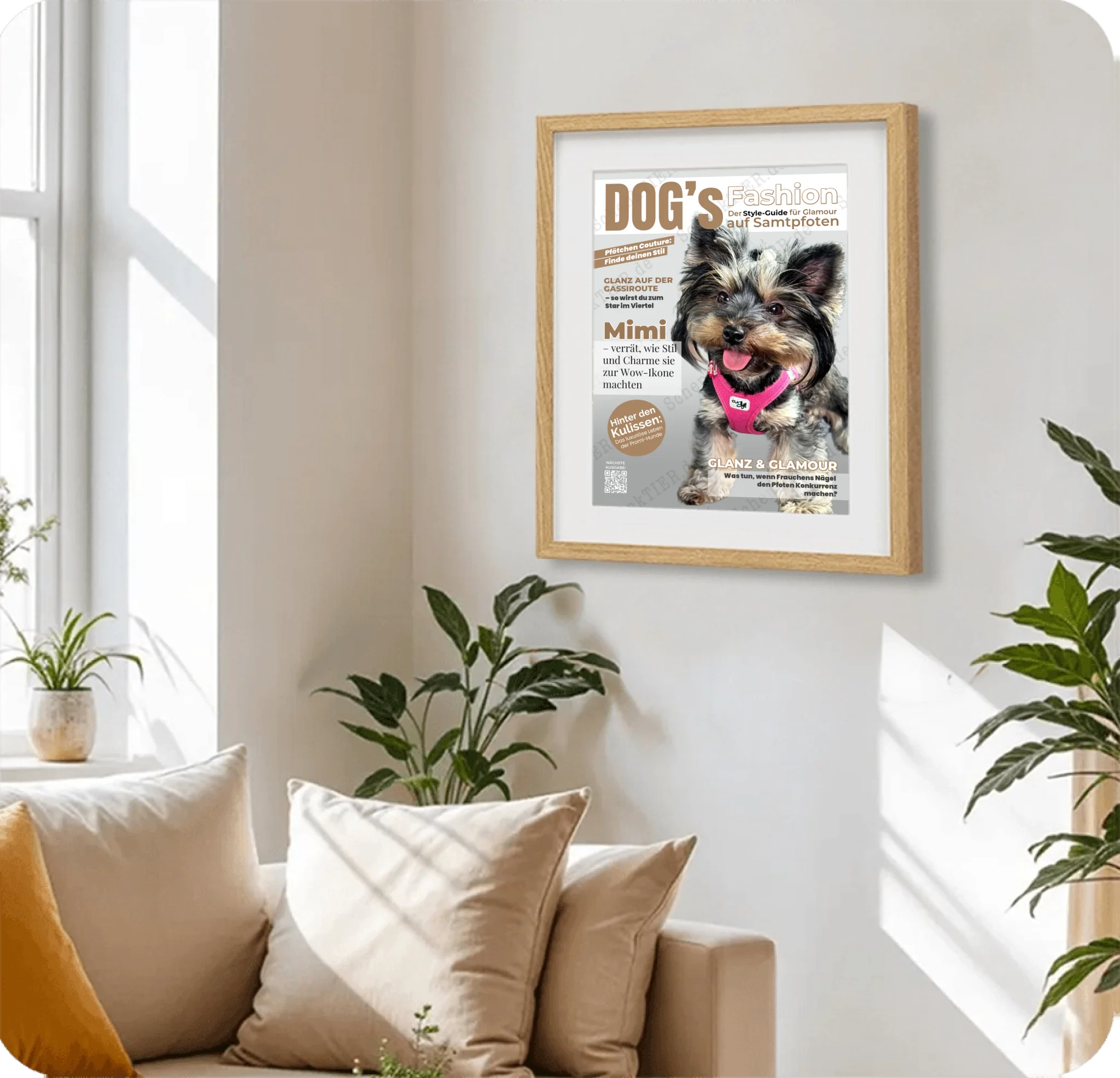 Poster 30 mal 40 cm im Holzraahmen im Wohnzimmer