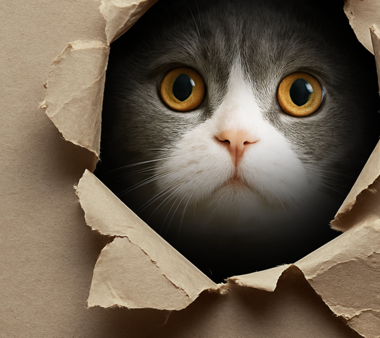 Nahaufnahme eines personalisierbaren Katzenposters im 3D-Look: Britisch Kurzhaar schaut durch ein Papierloch – witzige Geschenkidee für Katzenliebhaber.