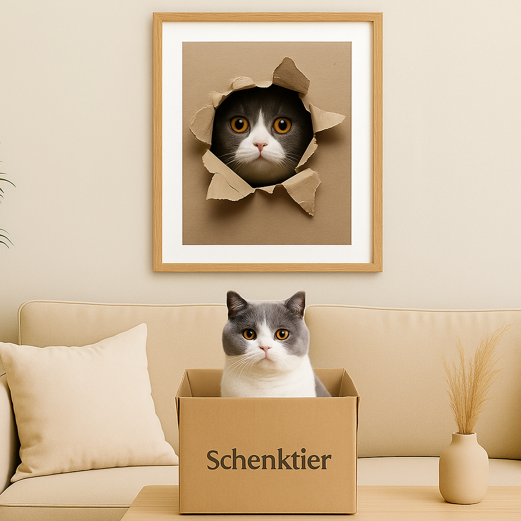 Personalisierbares Katzenposter an der Wand, darunter ein British Kurzhaar Kater in Schenktier-Karton – witzige Geschenkidee für Katzenfreunde.